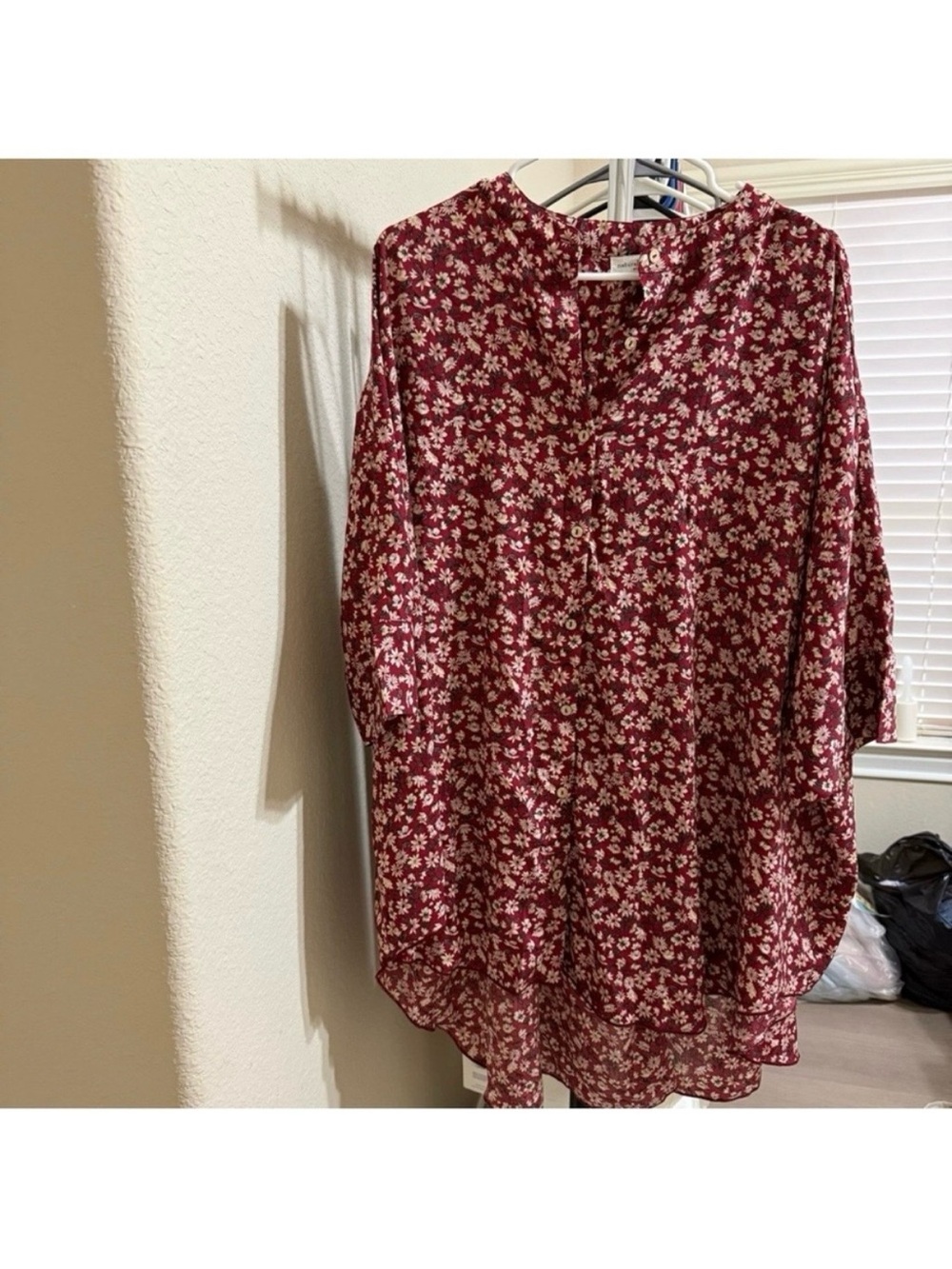 Natural Life Red Floral Button-Front Tunic Bohemian Short Sleeve Flowy Comfy